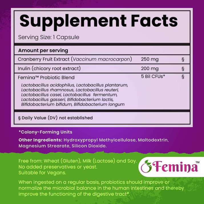 C-Essentials Kit supplement facts with cranberry extract, inulin, Femina probiotic blend for fertility and hormonal balance support