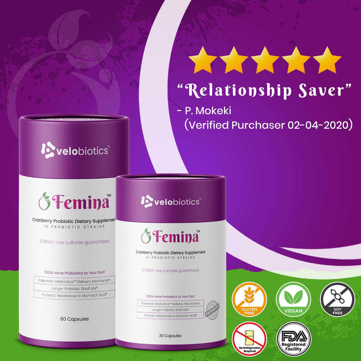 Femina™ Probiotic Capsules with cranberry extract for women's intimate health, balancing vaginal flora, supporting freshness, and preventing infections
