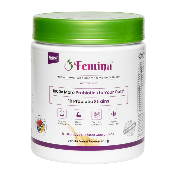 Femina™ Probiotics Meal Replacement 400g jar for women's health, featuring probiotics, cranberry extract, and Velobiotics™ technology.