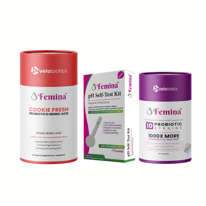 Femina Intimate Starter Pack with pH self-test kit, probiotic boric acid suppositories, and cranberry probiotic capsules for vaginal and urinary health.
