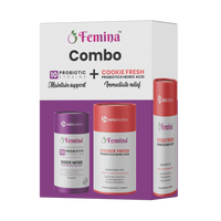 Femina COMBO Care probiotic capsules and Cookie Fresh suppositories for feminine intimate health support and immediate relief.