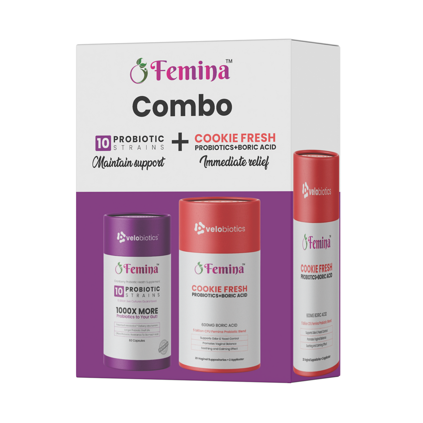 Femina COMBO Care probiotic capsules and Cookie Fresh suppositories for feminine intimate health support and immediate relief.