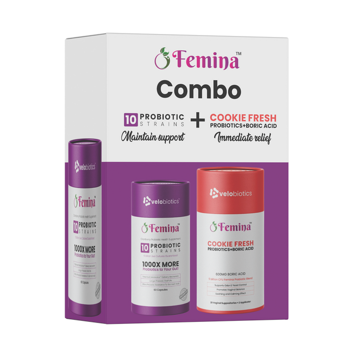 Femina COMBO Care probiotic capsules and cookie fresh suppositories for intimate health support and immediate relief