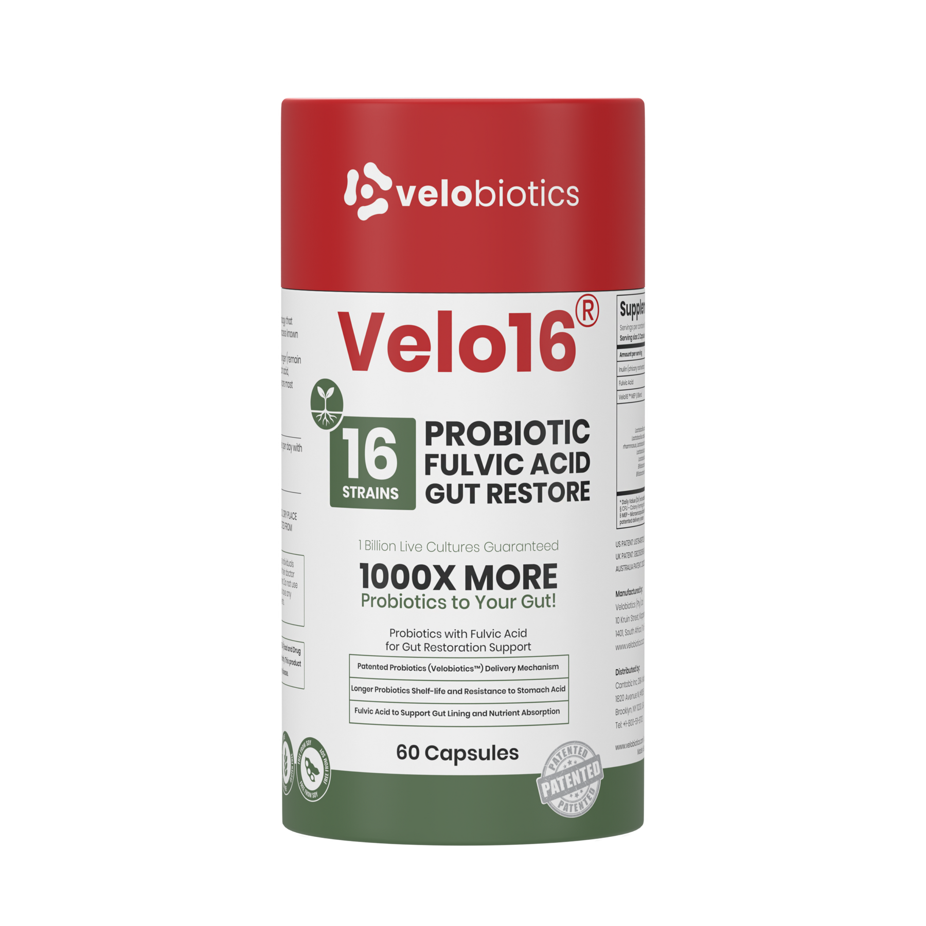 Velo16 Probiotics Fulvic Acid supplement bottle with 16 strain probiotic blend for gut restoration and nutrient absorption support