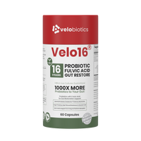 Velo16 Probiotics Fulvic Acid supplement bottle with 16 strain probiotic blend for gut restoration and nutrient absorption support