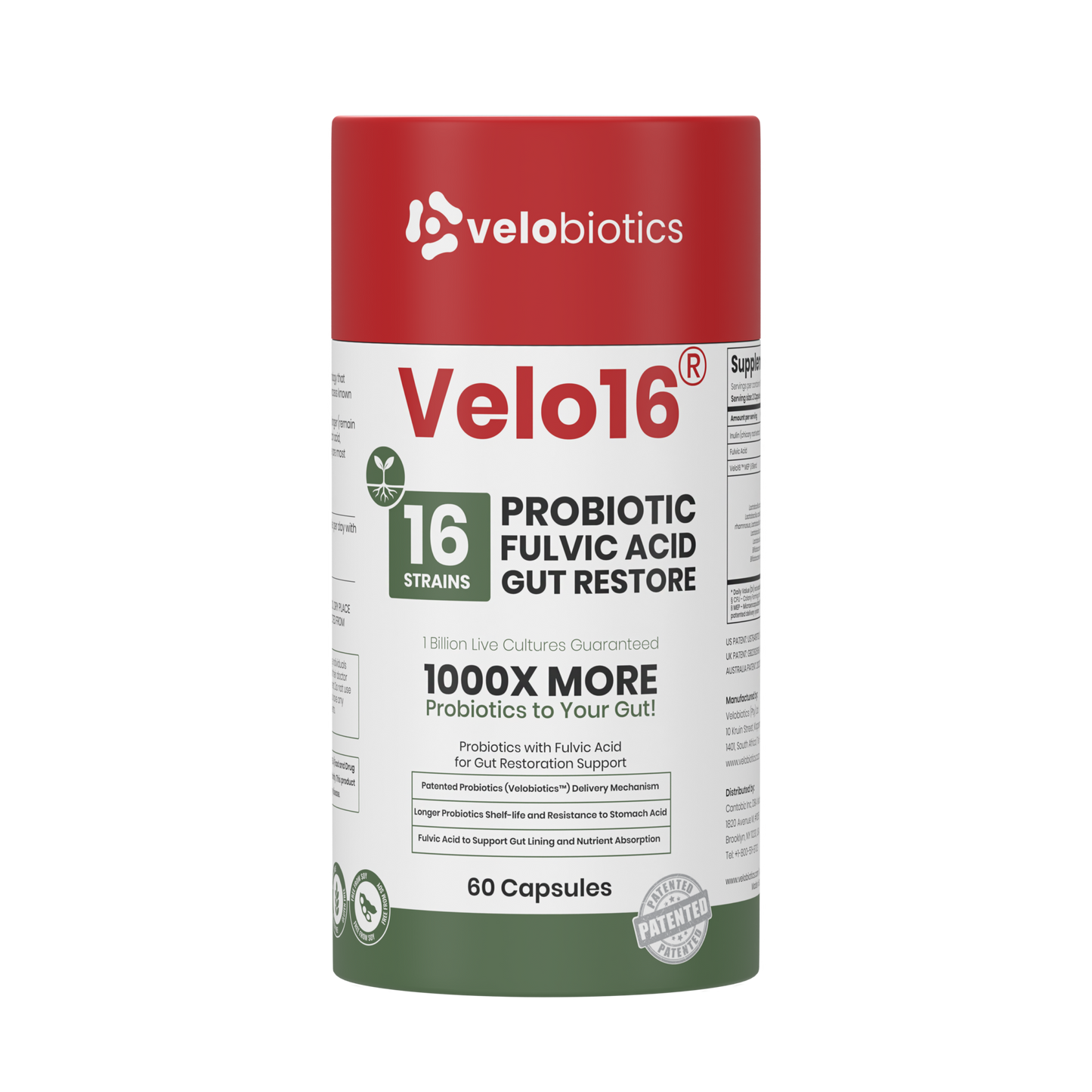 Velo16 Probiotics + Fulvic Acid supplement with 16 strains for gut restoration and enhanced nutrient absorption, 60 capsules bottle