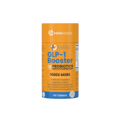 GutSlim Probiotics GLP-1 Booster supplement bottle with key natural ingredients and probiotic blend for gut health and wellness