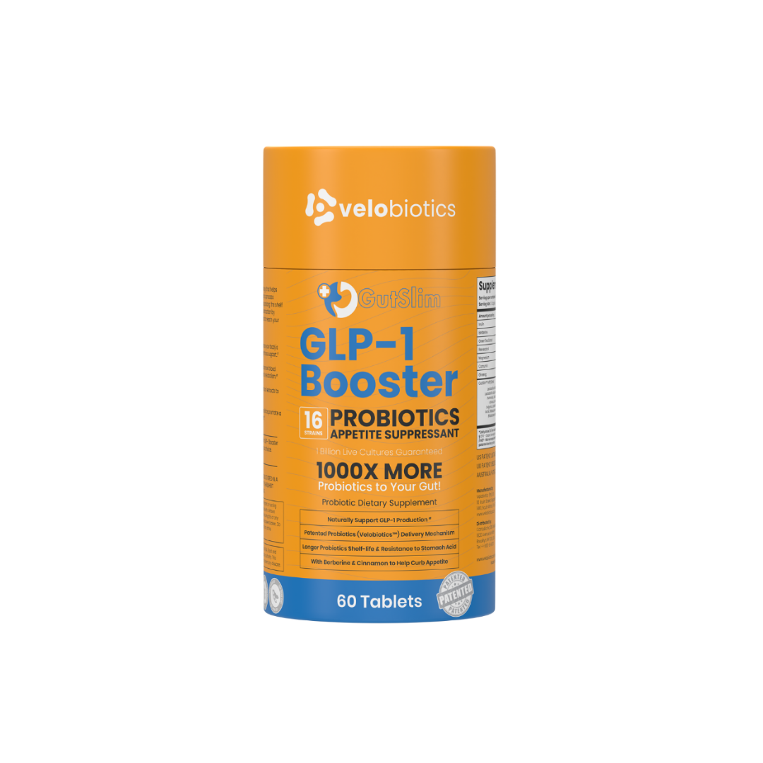 GutSlim Probiotics GLP-1 Booster supplement bottle with key natural ingredients and probiotic blend for gut health and wellness
