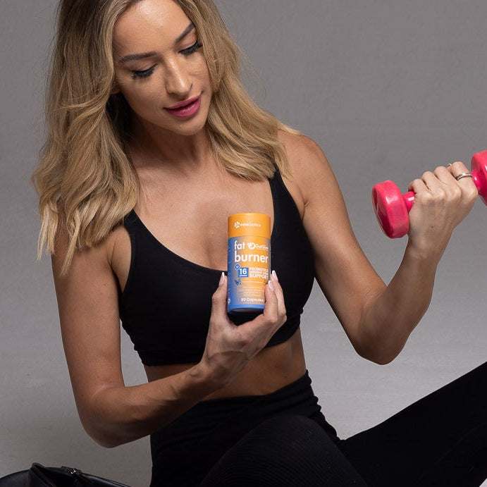 GutSlim Probiotics Fat Burner supplement bottle with gut health and metabolism boost packaging