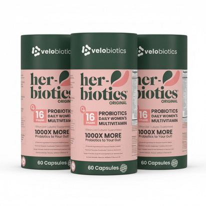 Her-Biotics Original Capsules bottle with multivitamin probiotic supplements for gut health and immunity