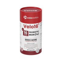 Velo16 Probiotics + Iron supplement bottle with 16-strain probiotic blend and iron for gut health and immune support.