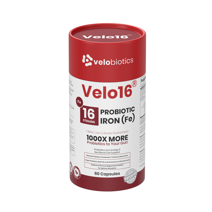 Velo16 Probiotics + Iron supplement bottle with 16-strain probiotic blend and iron for gut health and immune support.