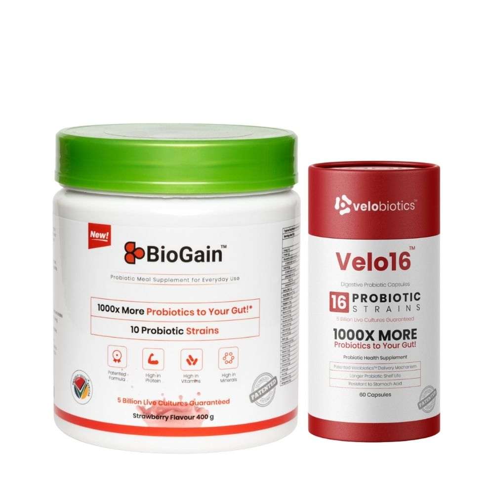 Velo16 Probiotic Digestive Capsules and BioGain Strawberry meal shake bundle for gut health and immunity boost