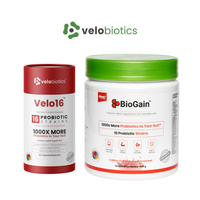 Velo16 Probiotic Digestive Capsules and BioGain Strawberry Probiotic Meal Replacement duo