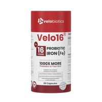 Velo16 Probiotics + Iron supplement bottle with 16-strain probiotics and iron for gut health and immune support