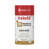 Velo16 Probiotics Lion's Mane supplement bottle for cognitive and gut health with 16 probiotic strains and Lion's Mane extract