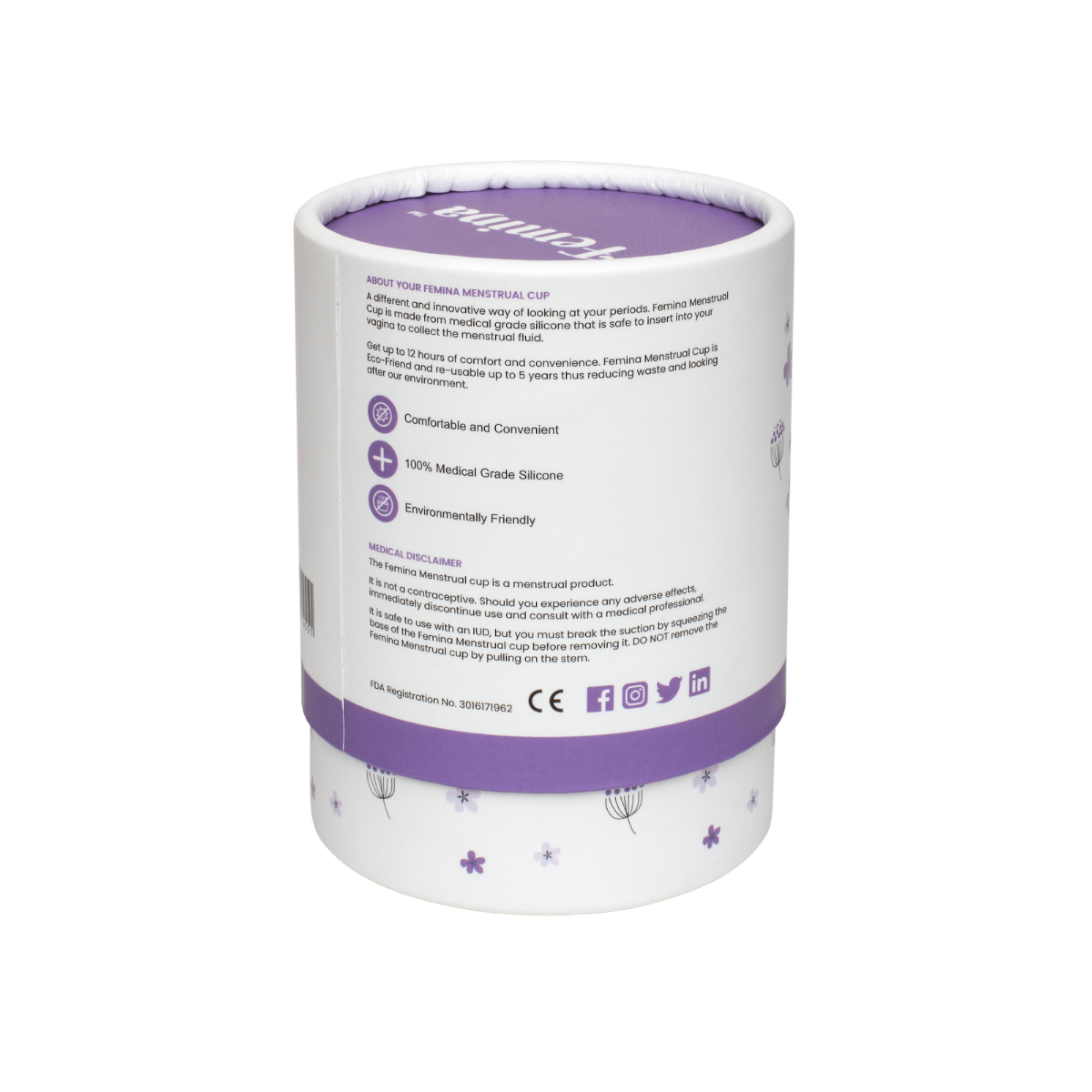 Femina Menstrual Cup packaging with key benefits highlighted, promoting comfort, safety, and eco-friendliness.