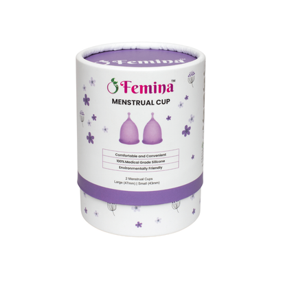 Femina Menstrual Cup packaging, 100% medical-grade silicone, eco-friendly period solution.