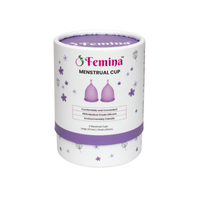 Femina Menstrual Cup packaging, 100% medical-grade silicone, eco-friendly period solution.