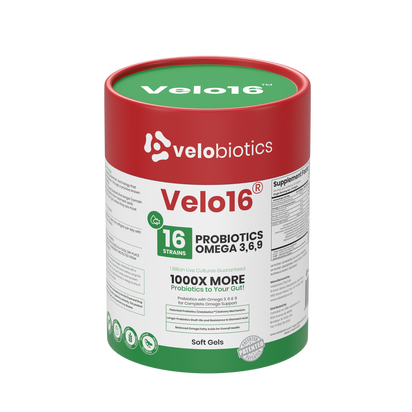 Velo16 Probiotics supplement container with Omega 3, 6, and 9 soft gels for gut health and cognitive support