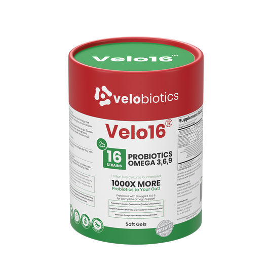 Velo16 Probiotics supplement container with Omega 3, 6, and 9 soft gels for gut health and cognitive support