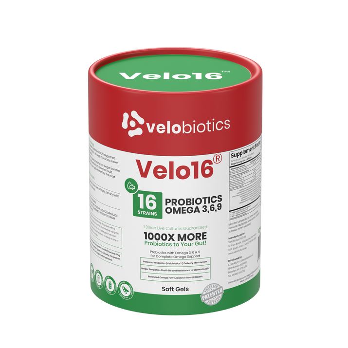 Velo16 Probiotics supplement container with Omega 3, 6, and 9 soft gels for gut health and cognitive support