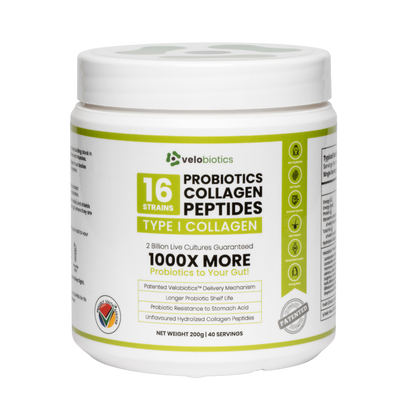 Probiotics Collagen Peptides powder container with Velobiotics branding, offering gut health and skin benefits.