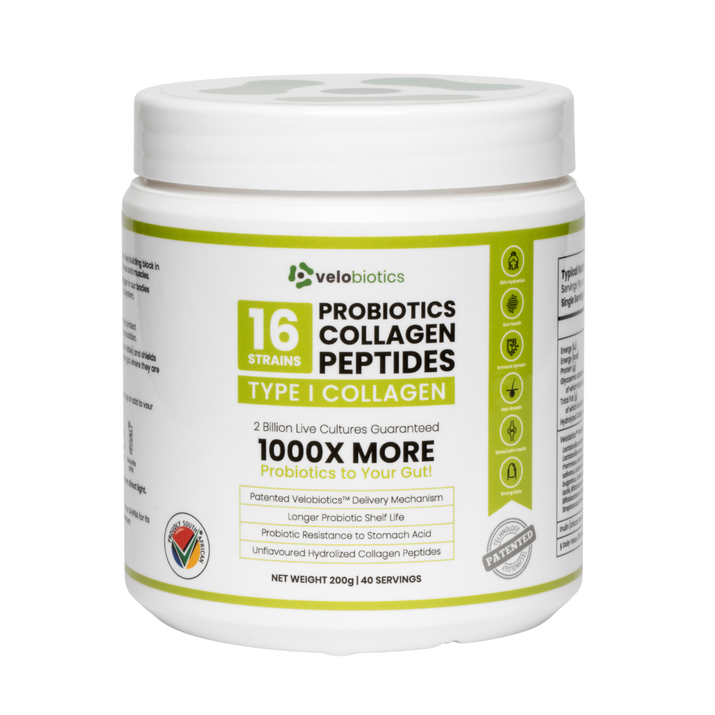 Probiotics Collagen Peptides powder container with Velobiotics branding, offering gut health and skin benefits.