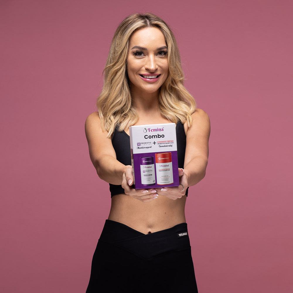 Woman holding Femina COMBO Care package for feminine intimate health and wellness with probiotics and cranberry extract