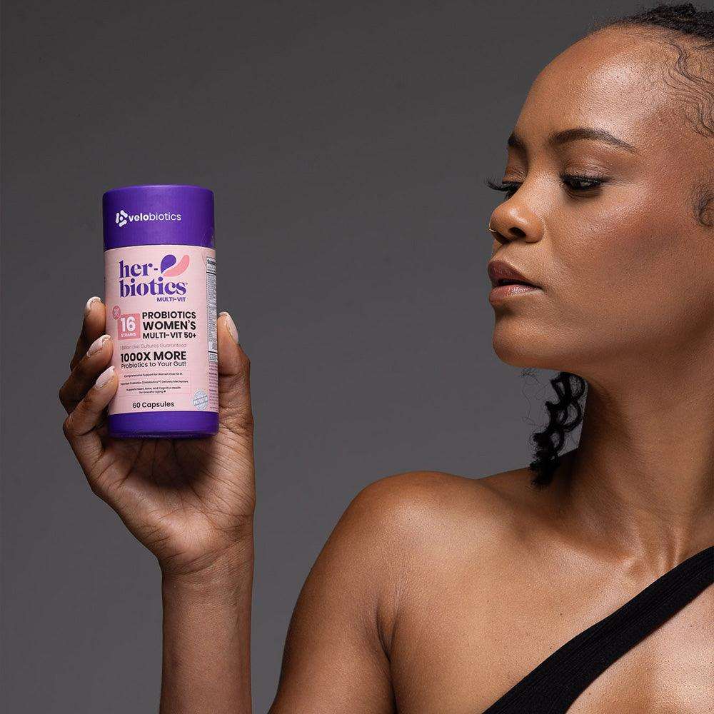 Her-Biotics Ageless Senior Support multivitamin bottle for women 50+ with probiotics and heart, bone, and cognitive health support