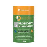 GutSlim Probiotics SuperGreens powder supplement for gut health, immune support, and energy boost.