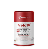 Velo16 Probiotic Capsules container with 16 probiotic strains for digestive health.