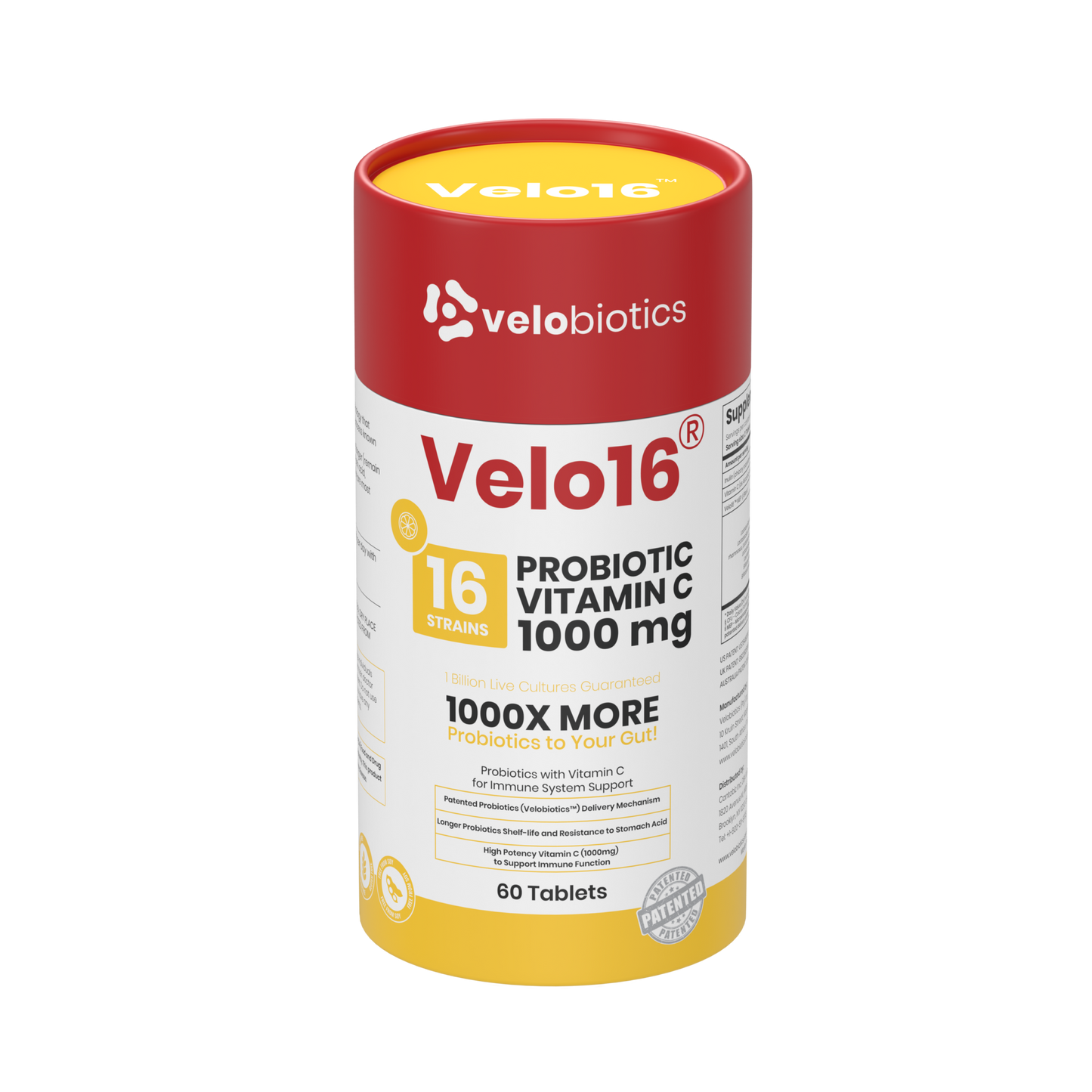 Velo16 Probiotics Vitamin C supplement bottle with 16 probiotic strains and 1000 mg Vitamin C for immune and gut health.