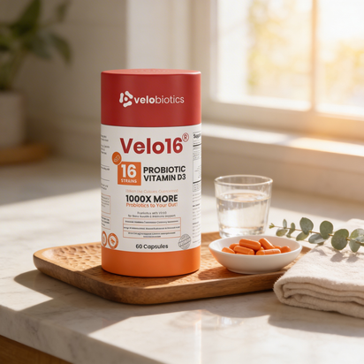 Velo16™ Probiotics supplement bottle with Vitamin D3 for immune and gut health support