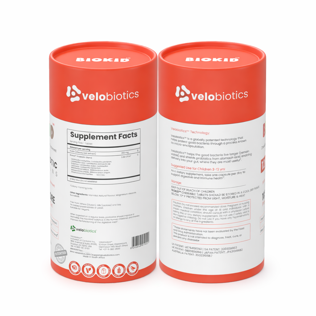 Velo16 Probiotic Digestive Capsules family health bundle with Femina for women's wellness and BioKid chewable probiotics for children