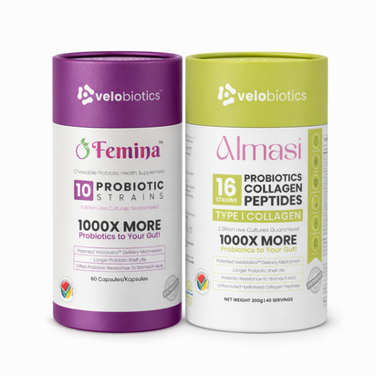 Velo16 Probiotic Digestive Capsules with Femina Probiotic and Velobiotics Collagen Powder for gut health and glowing skin