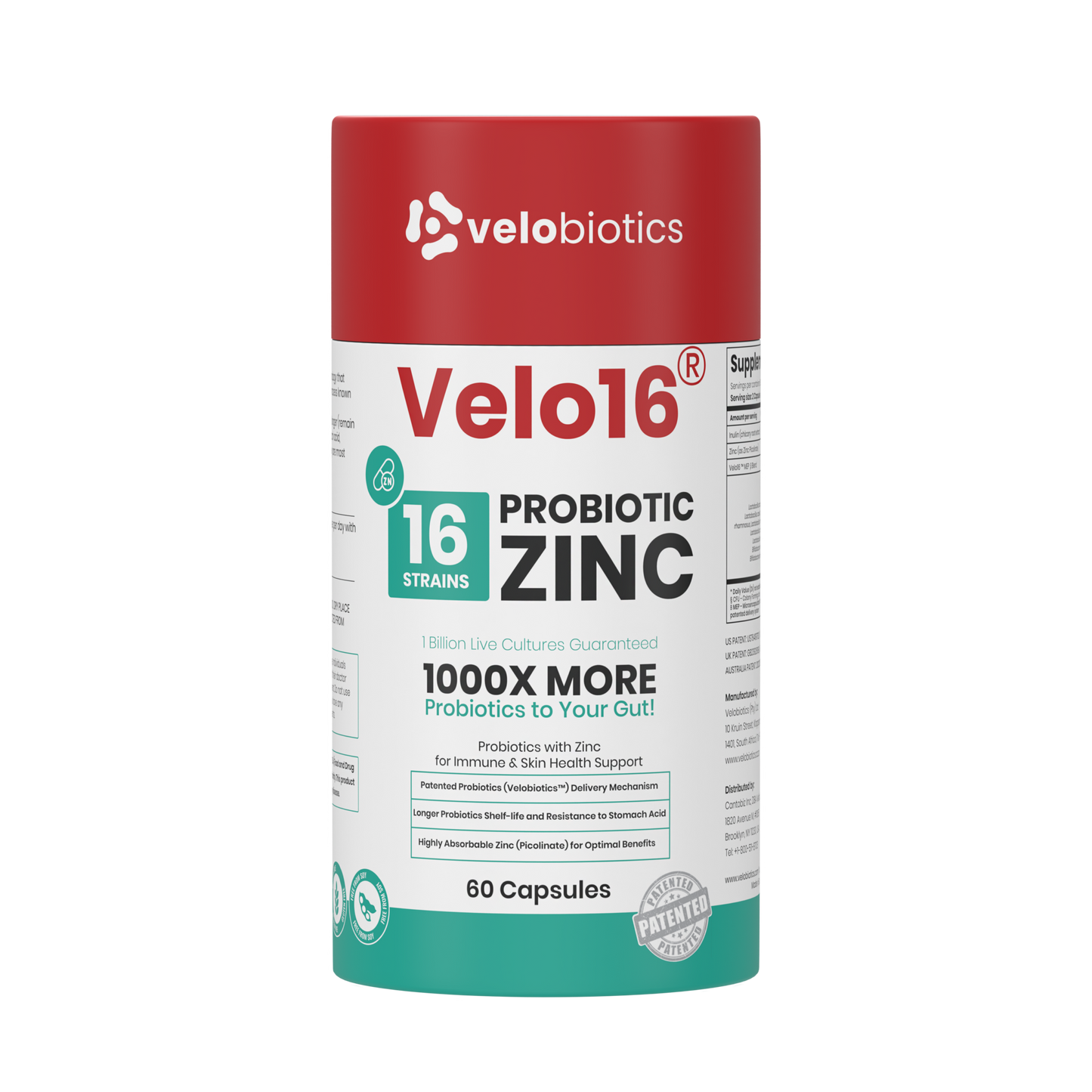 Velo16 Probiotics + Zinc supplement bottle with 16 strains and 60 capsules for gut health and immune support