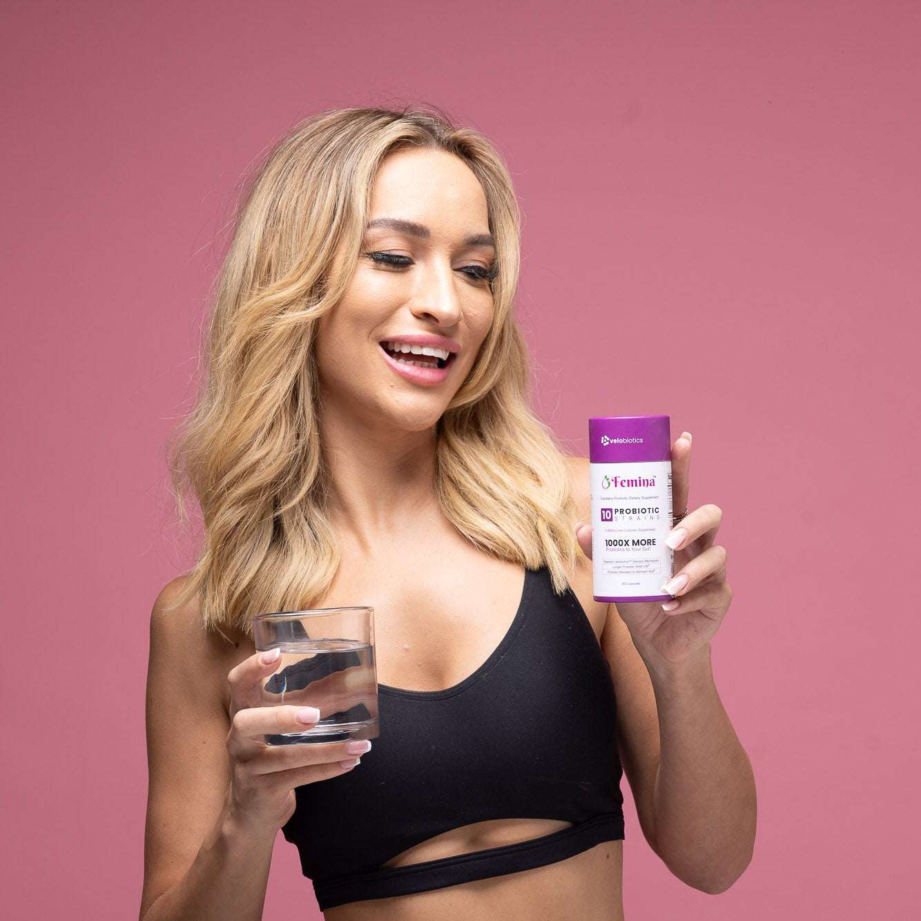 Femina™ Probiotic Capsules with Cranberry Extract supplement facts label showing probiotic blend and health benefits