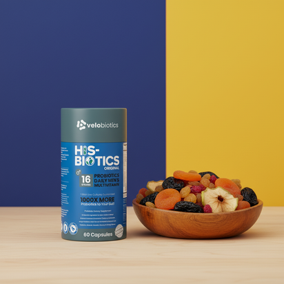 His-Biotics Original Capsules multivitamin probiotic supplement for men's gut health and vitality with 60 capsules and 16 probiotic strains.