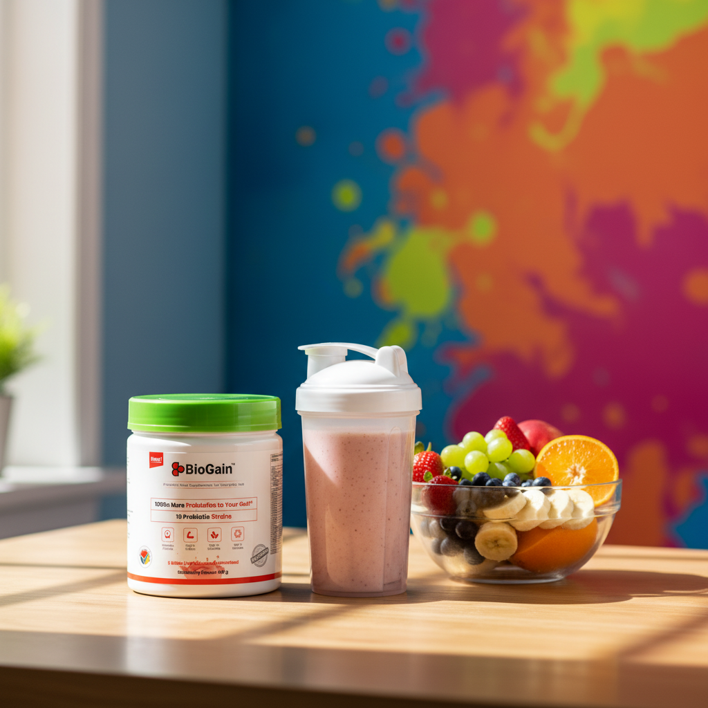 BioGain™ Probiotics Meal supplement container with a smoothie and fresh fruit bowl on a wooden table against a colorful background
