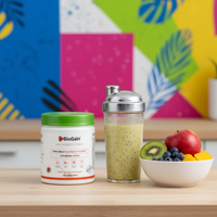 BioGain Probiotics Meal container with smoothie and fresh fruits on table against colorful background