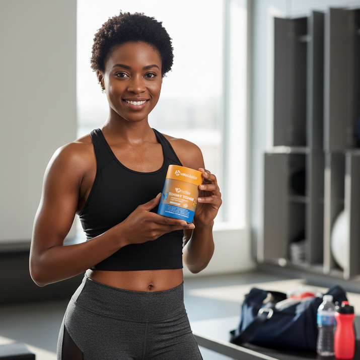 Fit woman holding GutSlim Probiotics Tummy Toner supplement for belly fat reduction and digestive balance