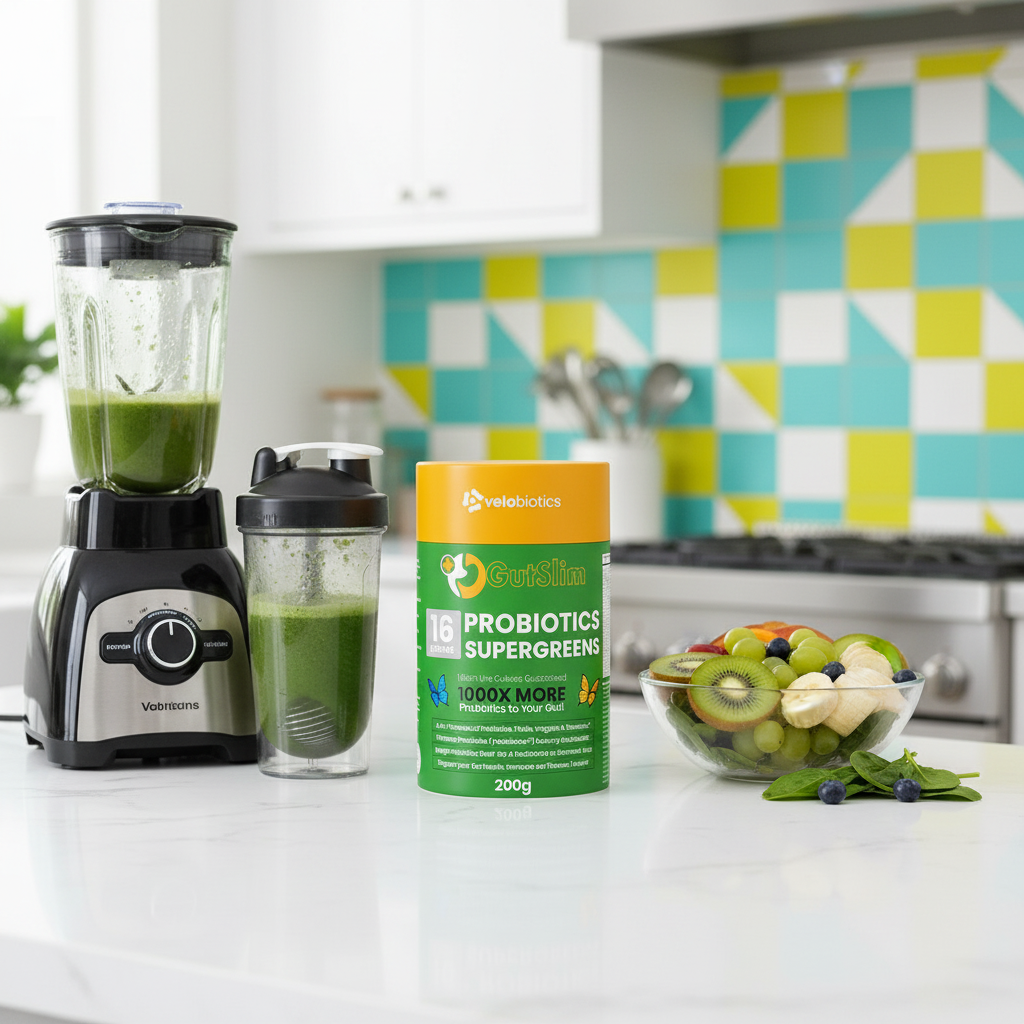 GutSlim Probiotics SuperGreens powder with blender and fresh fruit bowl for gut health and energy