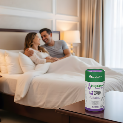PregBiotics Conception probiotic supplement for preconception gut health and maternal wellness on bedside table with couple in background