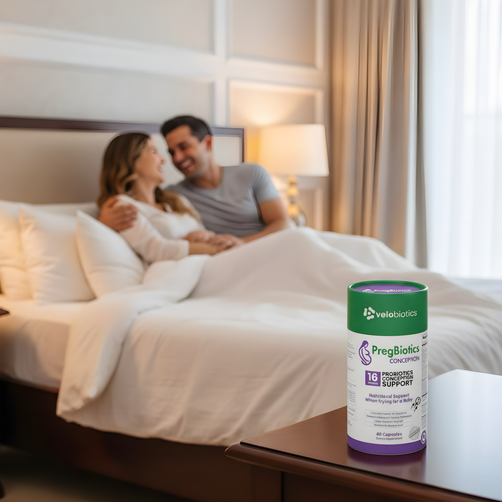 PregBiotics Conception probiotic supplement for preconception gut health and maternal wellness on bedside table with couple in background
