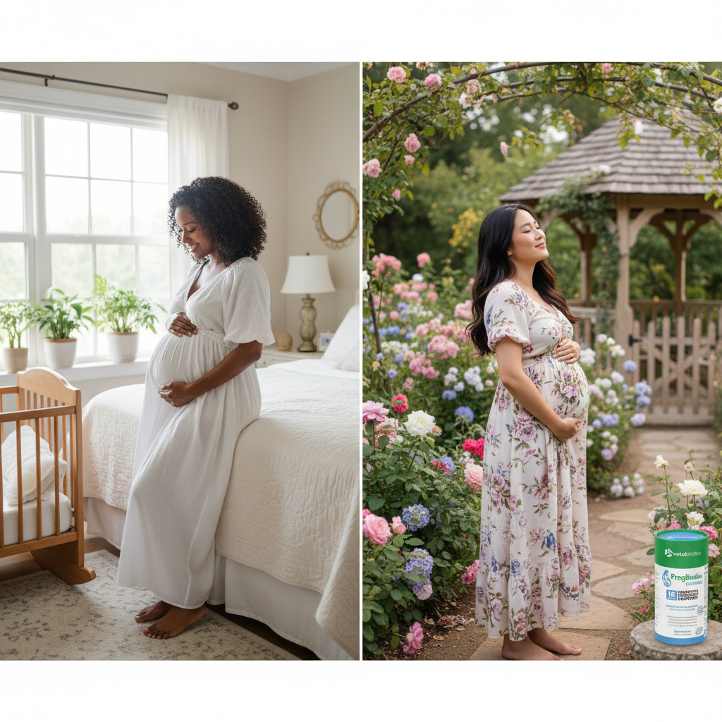 Pregnant women holding belly indoors and outdoors with PregBiotics Essentials prenatal supplement bottle