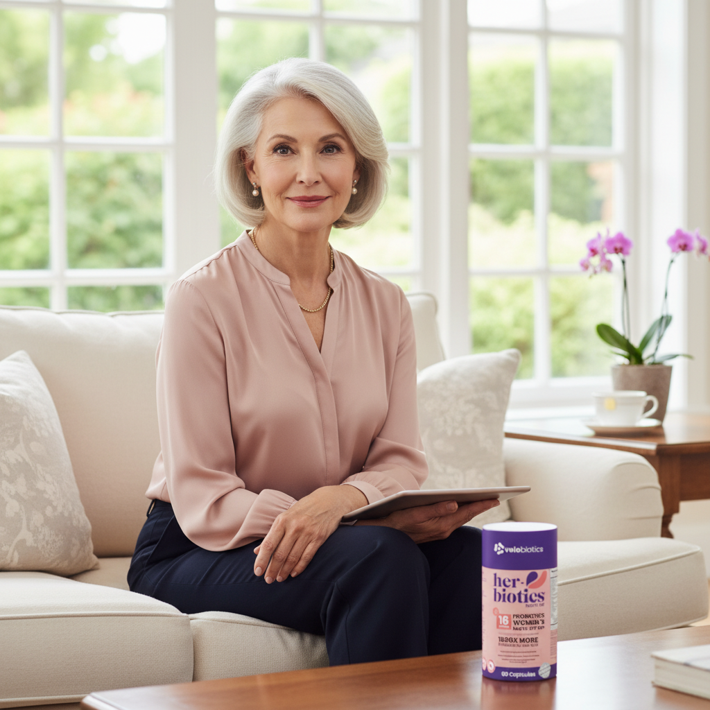 Her-Biotics Ageless Senior Support multivitamin with probiotics for women 50+ promoting heart, bone, cognitive health, and vitality