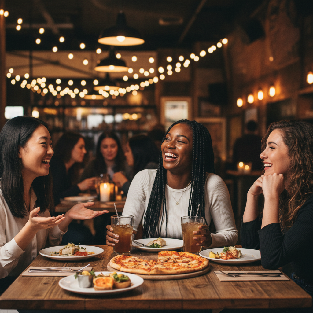 Women enjoying meal and drinks together in cozy restaurant atmosphere promoting Her-Biotics PMS Support for hormonal balance and PMS relief