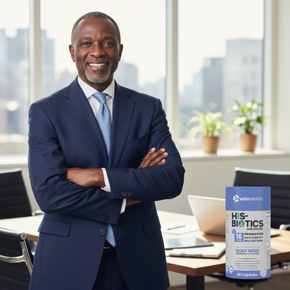 Confident mature man standing by office window with His-Biotics® Original AGELESS 50+ probiotic multivitamin box on desk