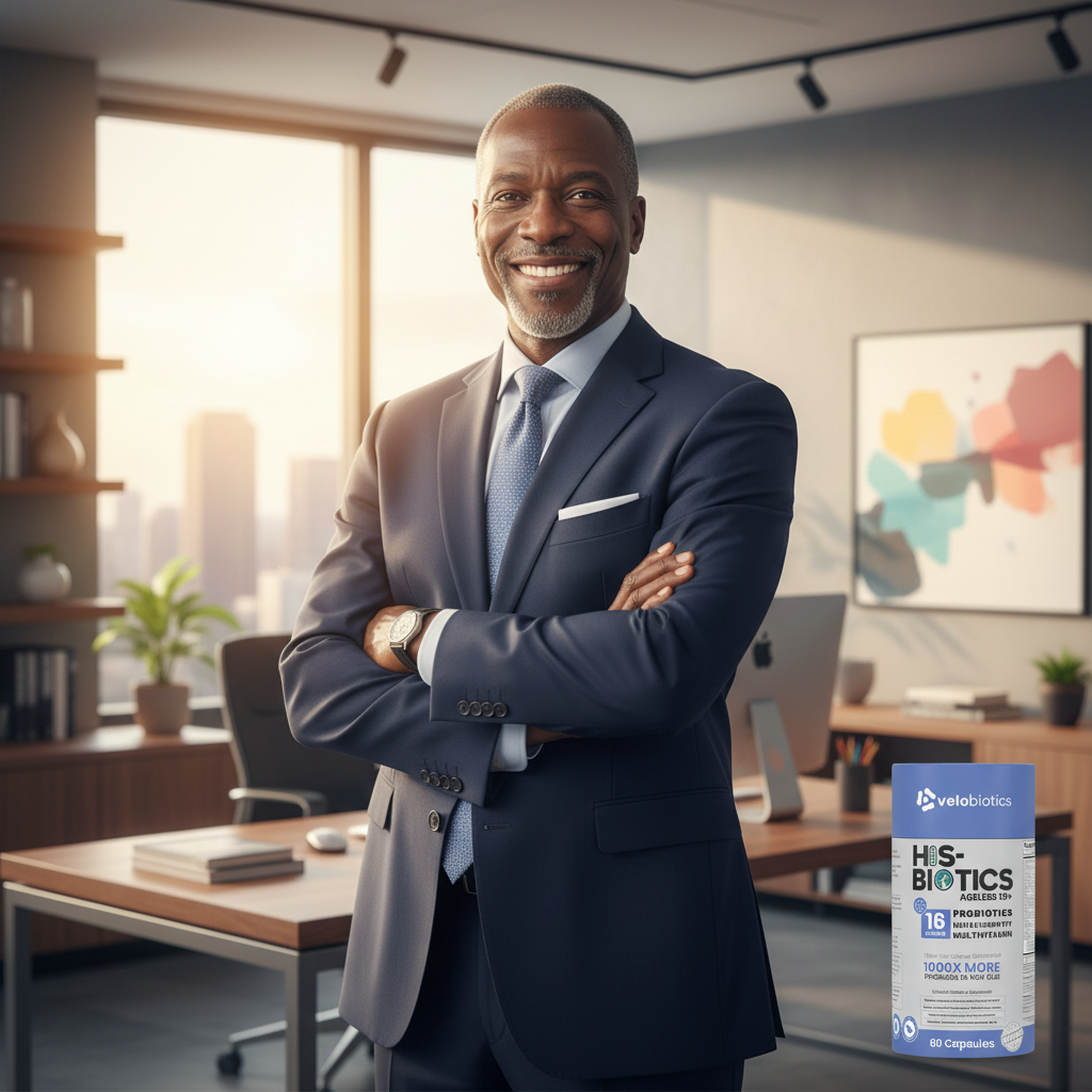 Confident mature man in office with His-Biotics Original Ageless 50+ probiotic multivitamin packaging